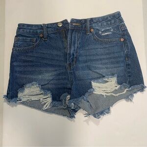 Blue Distressed Jean Shorts with Frayed Hem